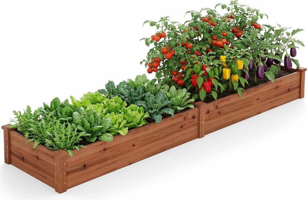 A raised garden bed filled with various vegetables and plants.