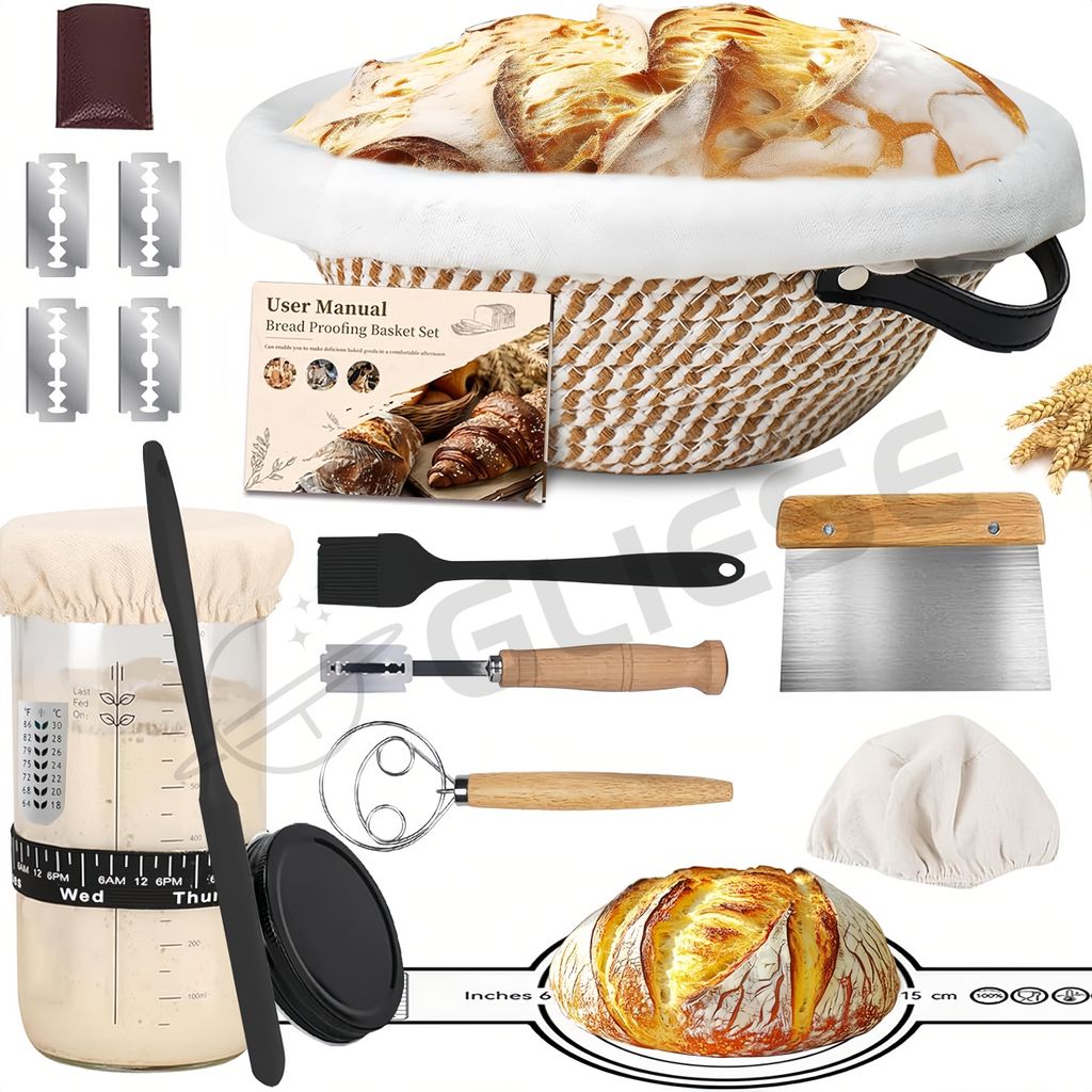 Gliese 10-teilig Gärkorb Brot Set, 23 cm Gärkorb rund und Komplettset Backzubehör, Gärkörbchen für Brot brot backen Einsteigerset für Anfänger