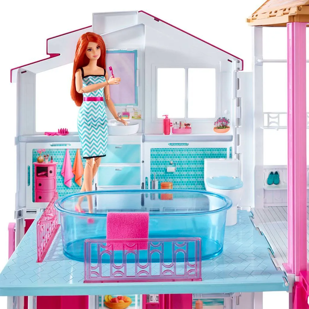 Maison Barbie à 3 étages avec ascenseur manuel et toit-terrasse chic