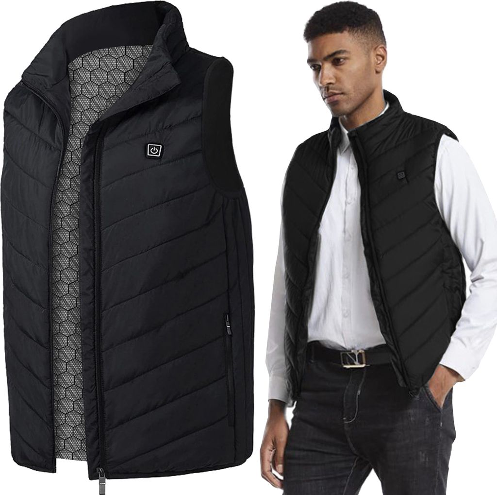 A split image showing a black heated vest on the left and a man wearing the same vest on the right.
