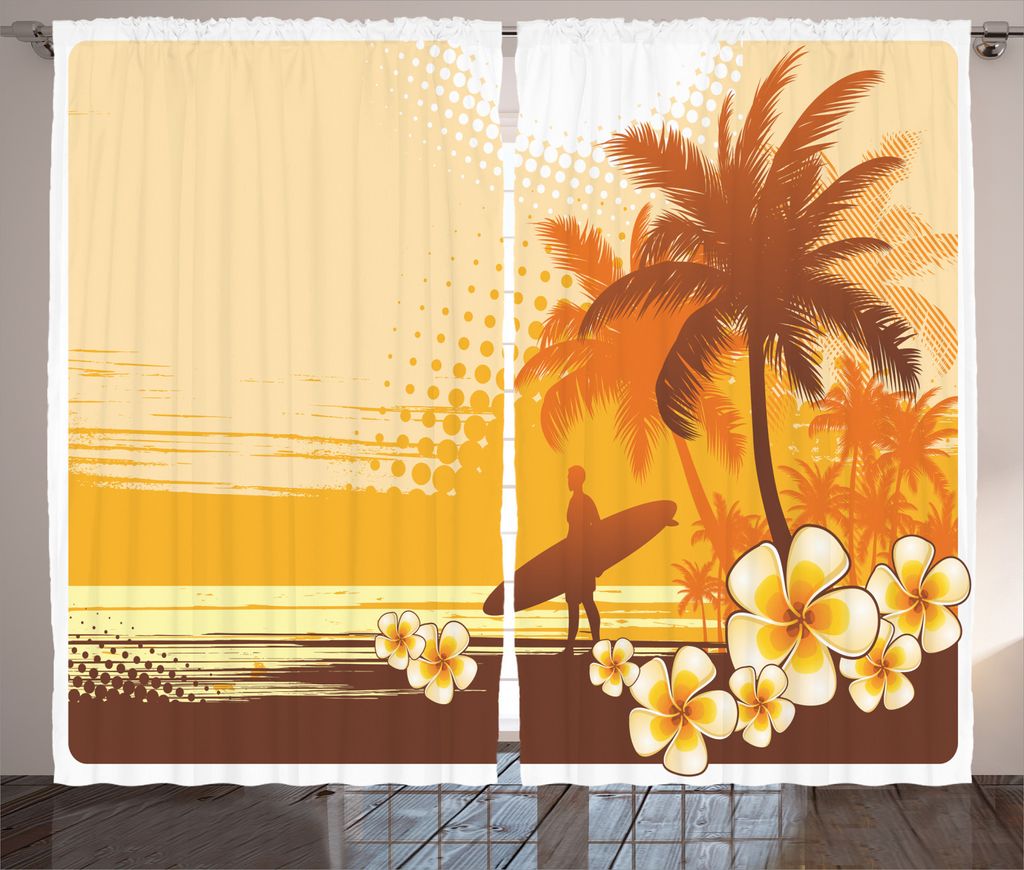 ABAKUHAUS Surfen Rustikaler Vorhang, Surfer Tropische Landschaft, Wohnzimmer Universalband Gardinen mit Schlaufen und Haken, 280 x 245 cm, Gelb Bra...