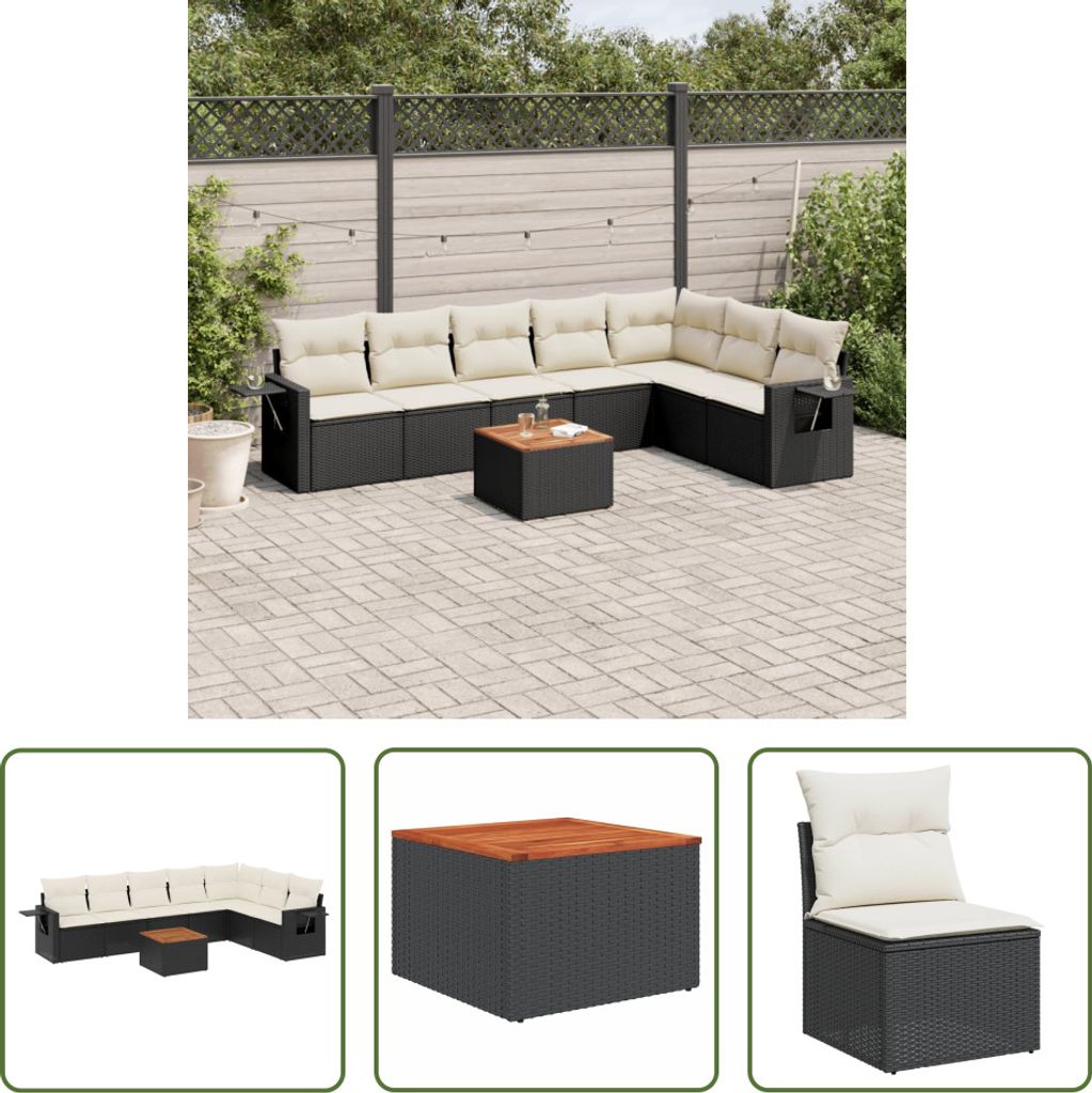 The Living Store 8-tlg. Garten-Sofagarnitur mit Kissen Schwarz Poly Rattan