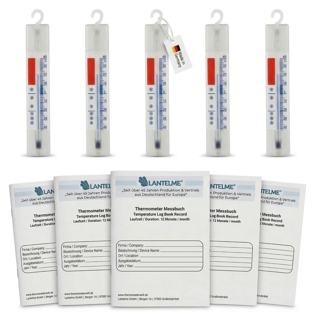 Je 5 Stück Temperatur Kontrollhefte mit Kühlschrankthermometer im Set Analog Thermometer + - 40°C mit Messbuch Logbuch Temperaurhefte für Leben...
