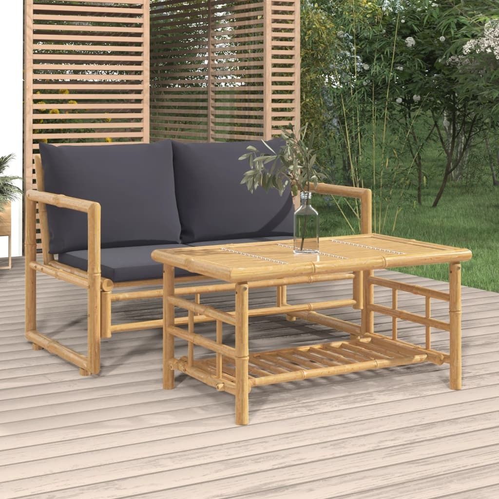The Living Store 2-tlg. Garten-Lounge-Set mit Dunkelgrauen Kissen Bambus