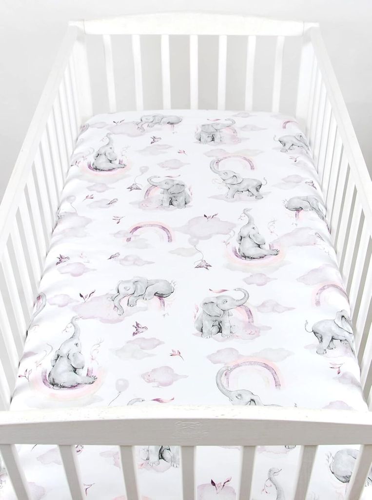 BabyLux Spannbettlaken 60x120 cm – Baumwolle, weich & atmungsaktiv – Spannbetttuch für Babybett & Kinderbett 125. Elefanten Rosa