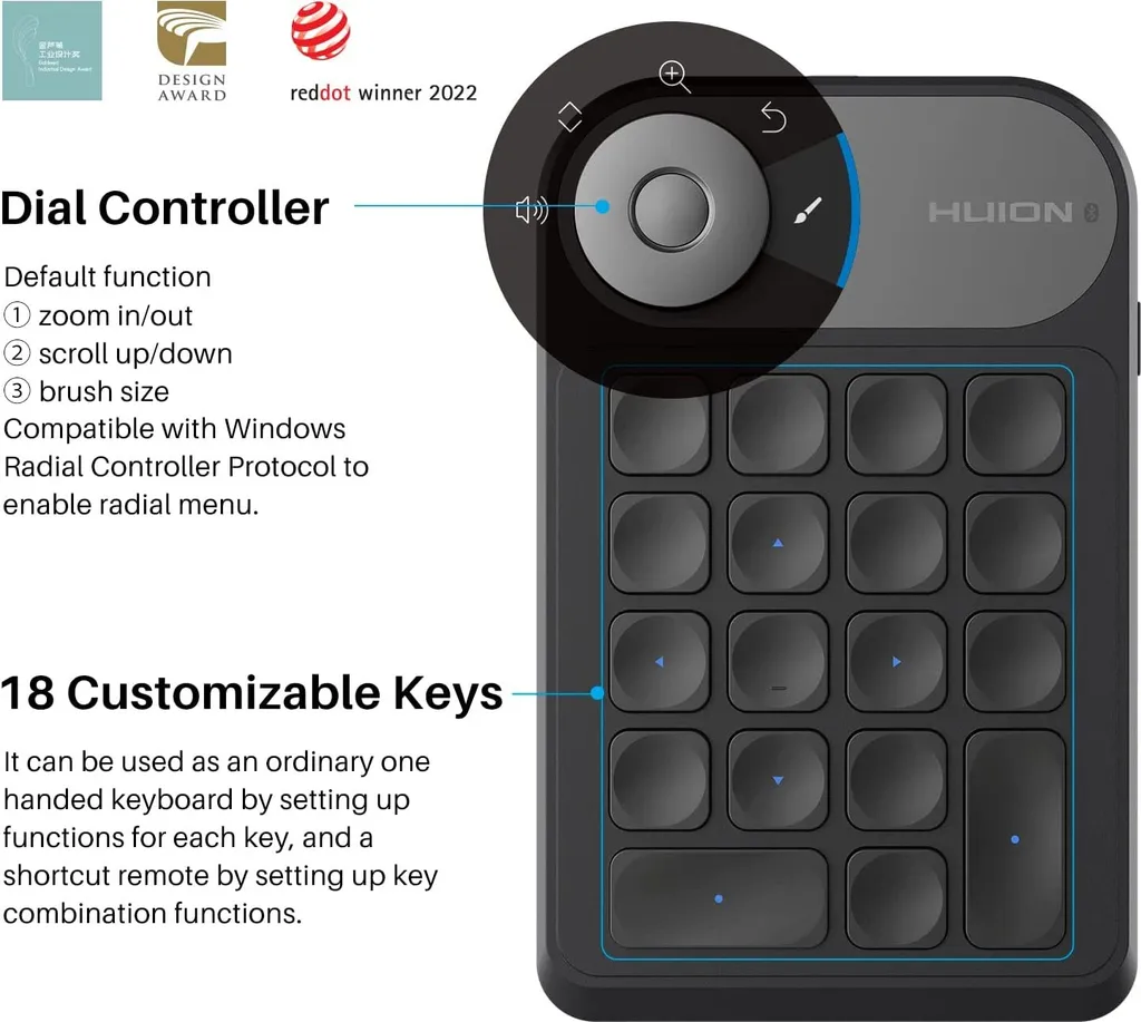 Huion Keydial Mini K20 Clavier Numérique Sans Fil pour Tablette Graphique - 10