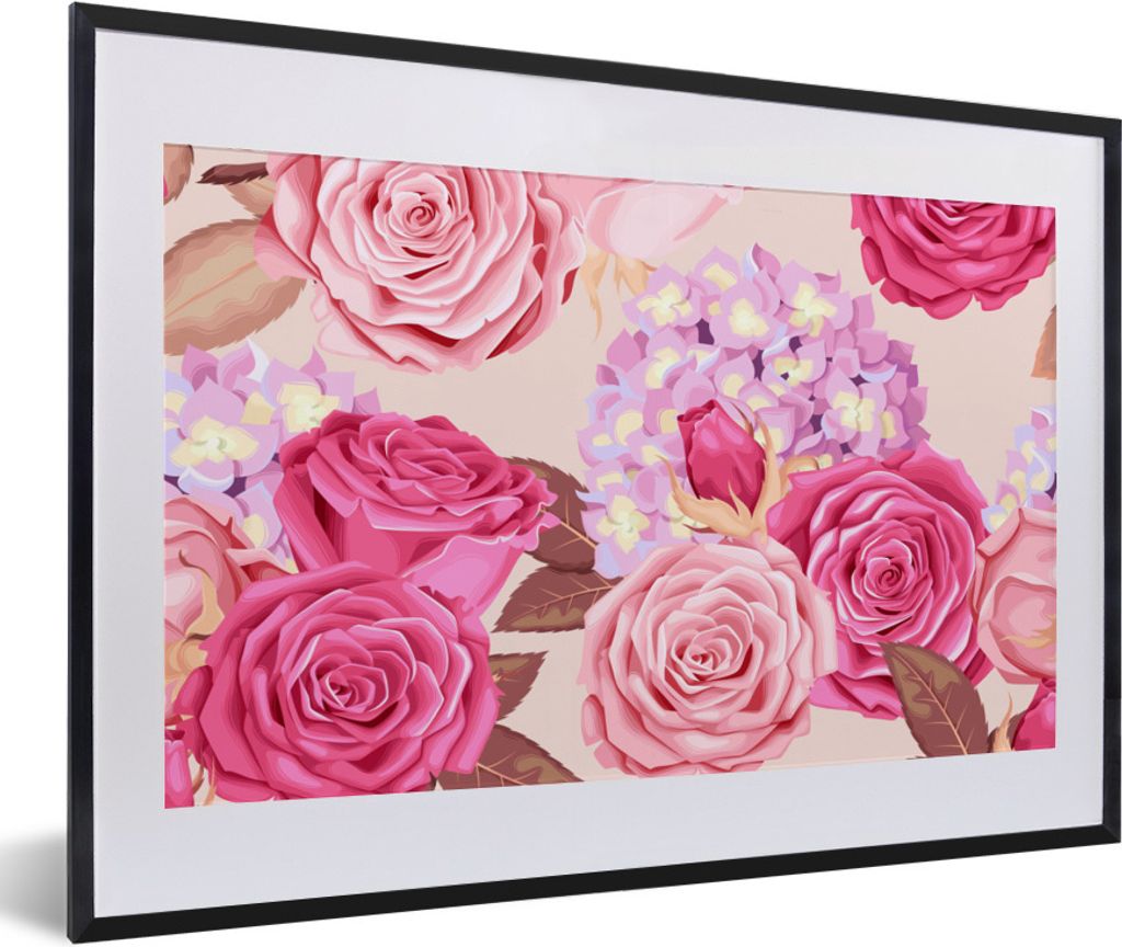 MuchoWow Gerahmtes Poster Rosen - Hortensien - Blumen - Rosa 60x40 cm - Poster mit Schwarzem Bilderrahmen Wandposter Rahmen Foto Bilder - Schlafz...