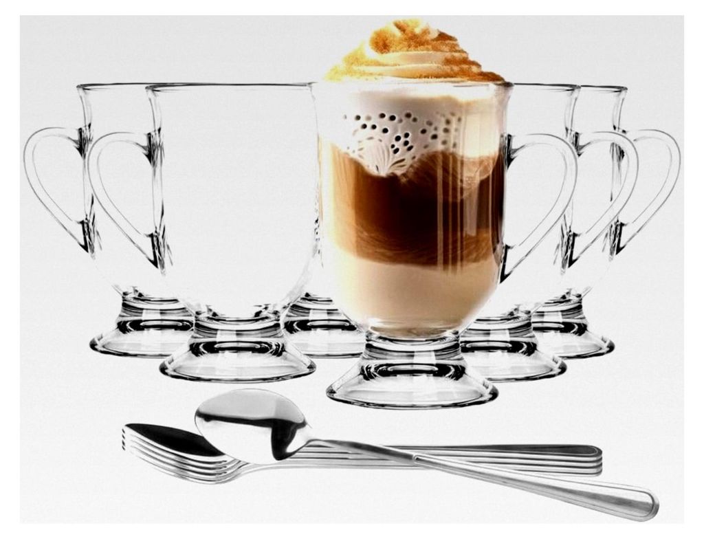 Set von 6 Kaffeegläsern mit Henkel, Stiel und Löffeln, 380 ml