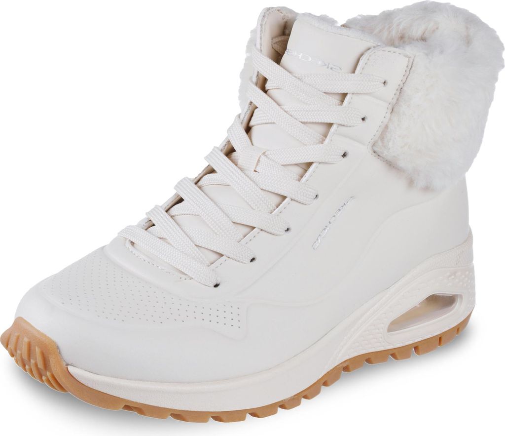 A white high-top sneaker with fur trim and a gum sole.