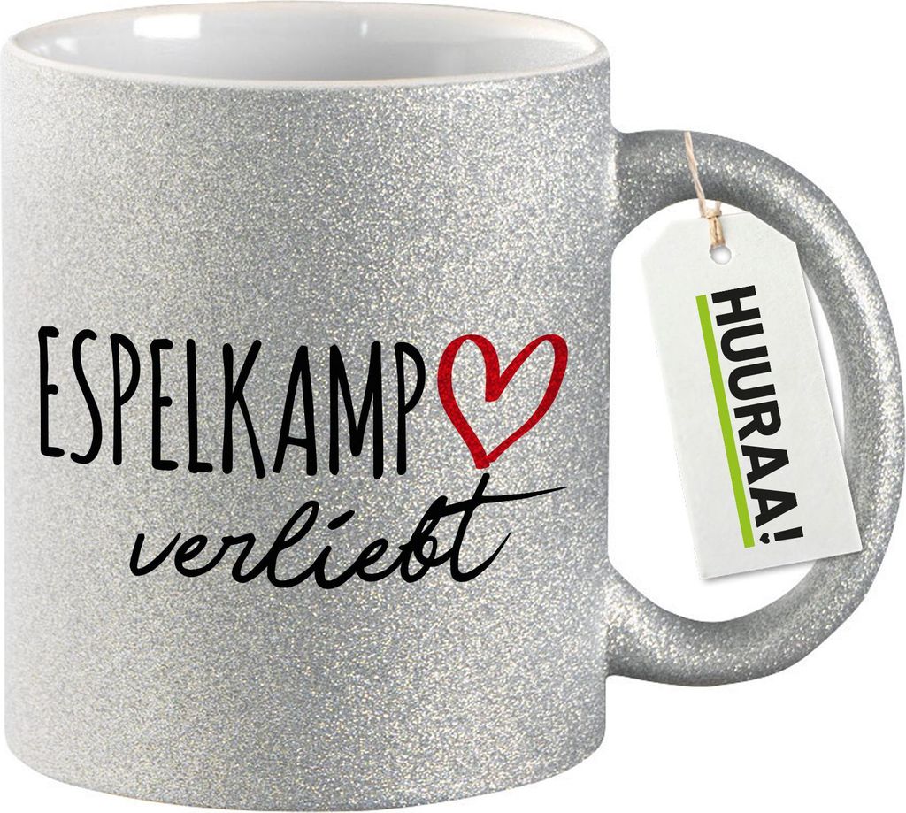 Huuraa Glitzertasse Espelkamp verliebt 330ml Silber Keramik Kaffeebecher Geschenkidee
