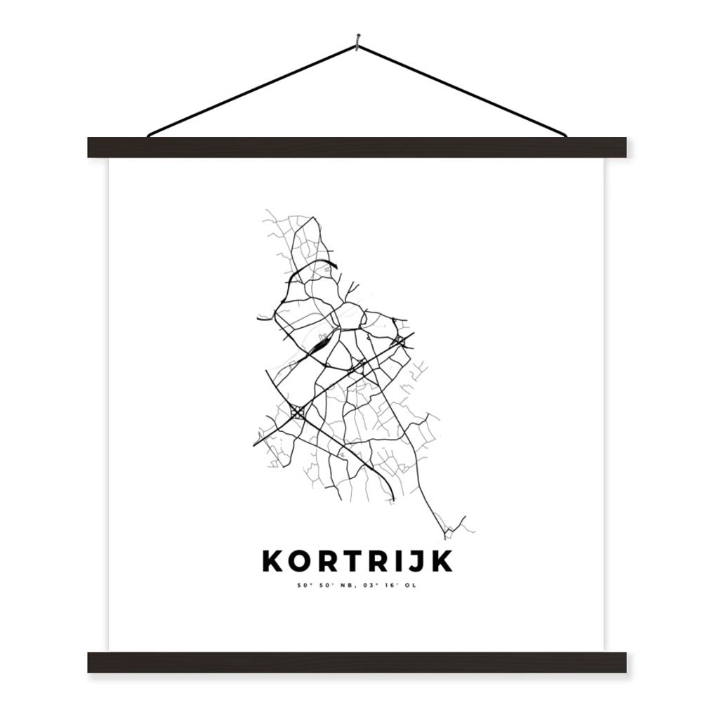MuchoWow Textilposter Karte - Stadtplan - Kortrijk - Belgien - Schwarz und weiß 120x120 cm mit schwarzem Rahmen - Aufhängungsset
