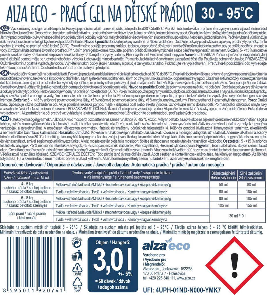 AlzaEco Waschgel für Kinderwäsche 3 l (60 Wäschen)