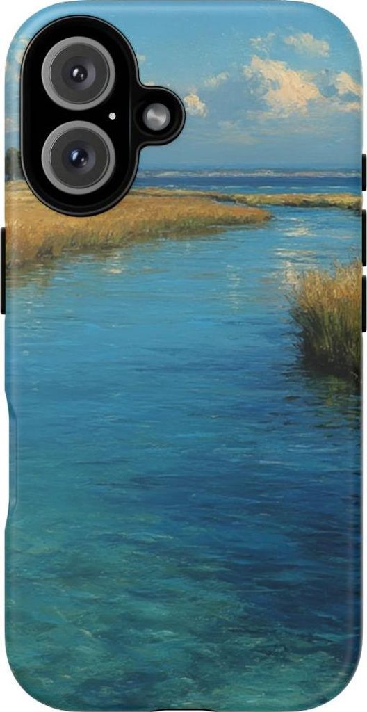 Blaue Lagunenlandschaft mit Gräsern und Bäumen – Hülle Kompatibel mit iPhone 16