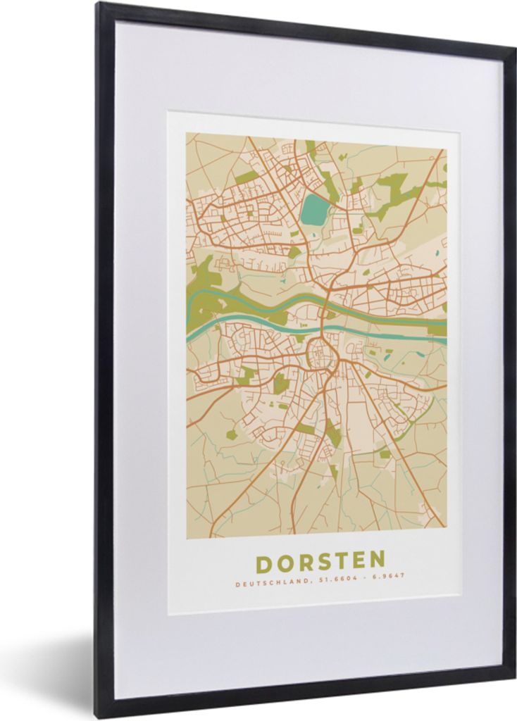 MuchoWow Gerahmtes Poster Dorsten - Karte - Stadtplan - Vintage 40x60 cm - Poster mit Schwarzem Bilderrahmen Wandposter Rahmen Foto Bilder - Post...