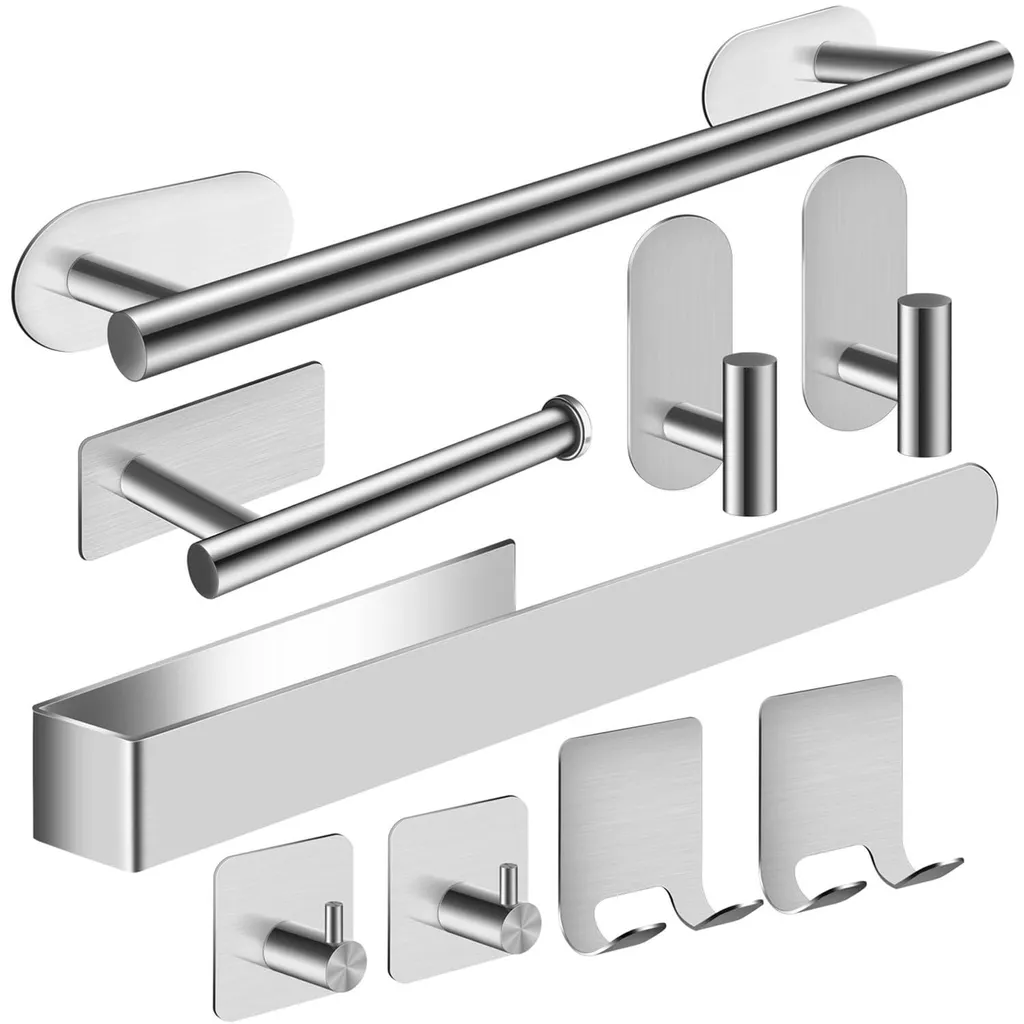 Lot 9 Porte-serviettes Salle de Bain et Cuisine Inox Argent Sans Perçage