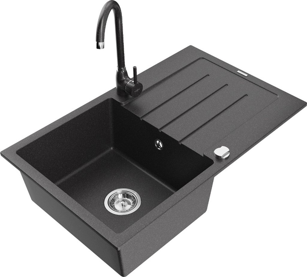 Mexen Bruno 1 Becken-Granitspüle mit Abtropffläche und Mischbatterie Telma, Schwarz gesprenkelt - 6513-76-670200-76