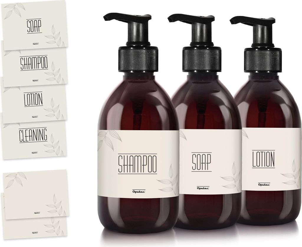 Oputec 3 x 300ml braune Seifenspender aus Kunststoff + Etiketten - Nachfüllbare Shampoo- & Duschgel-Pumpflaschen