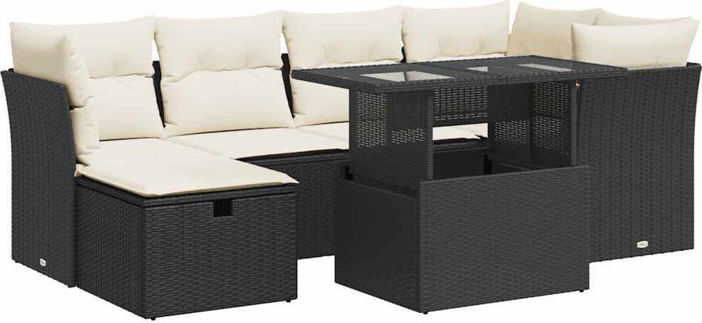 vidaXL 7-tlg. Garten-Sofagarnitur mit Kissen Schwarz Poly Rattan