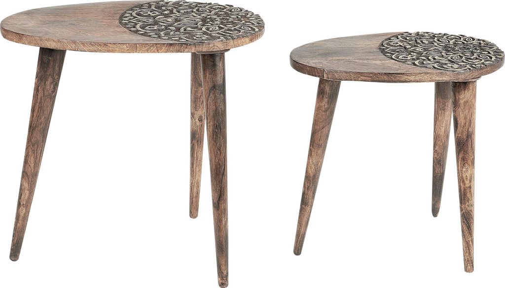 BELIANI Beistelltisch 2er Set Dunkelbraun Mango Holz Oval Dreibeinig Geschnitzt Handgefertigt Boho Couchtisch Wohnzimmer Ausstattung Möbel Zubehör