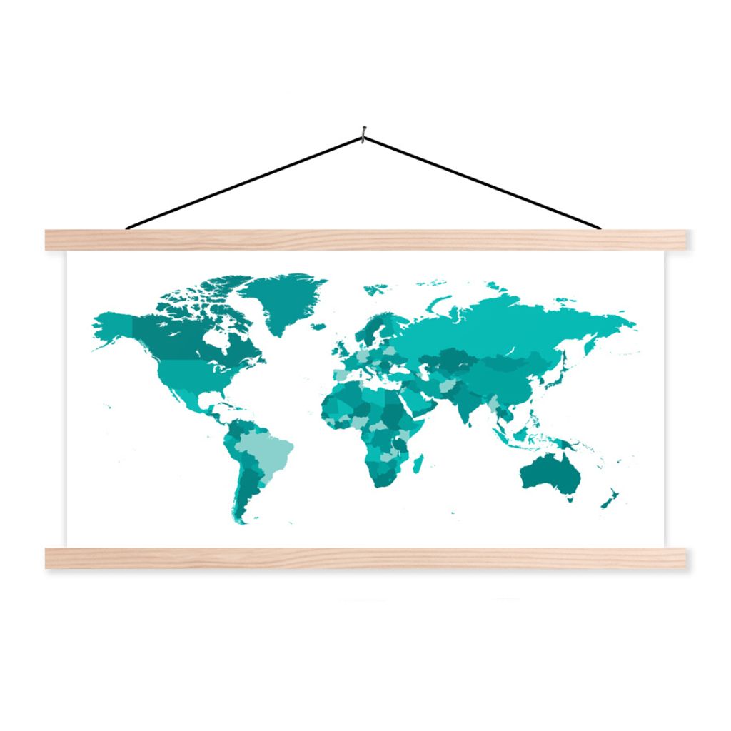 MuchoWow Textilposter Weltkarten - Weiß - Blau 120x60 cm mit holzfarbenen Rahmen - Klemmleiste
