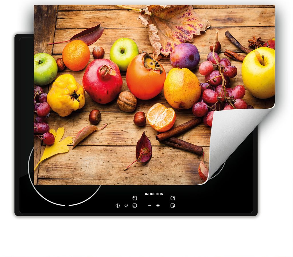 DarHaus Herdabdeckplatte 80x52 cm Anti Rutsch Matte Aufrollbar, Früchte - Holz