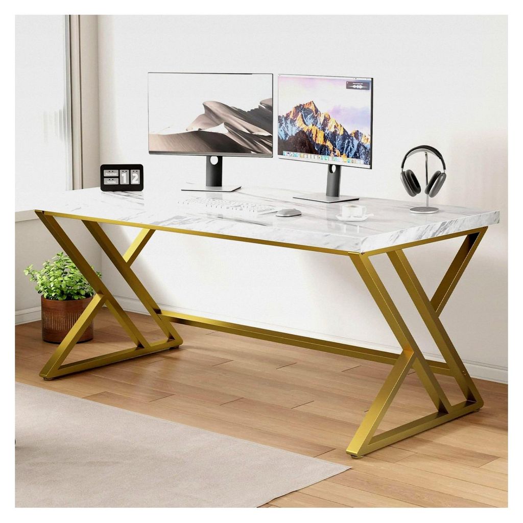 Weißer und goldener Schreibtisch aus Holz-Kunstmarmor für das Heimbüro, Computertisch, moderner Arbeitsplatz, Cheftisch für Gaming und Schreibe...