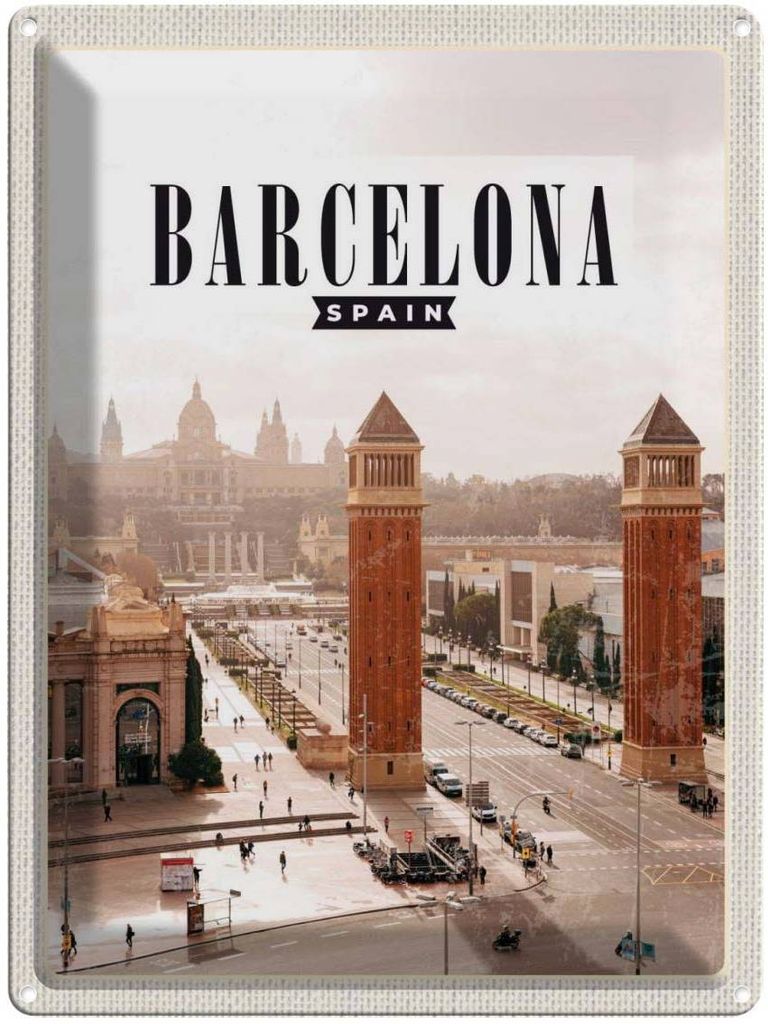 vianmo Blechschild 40x30 cm Barcelona Spanien Panorama Bildmotiv Reisemotiv Abenteuer Reisen Straße Stadt Urlaub