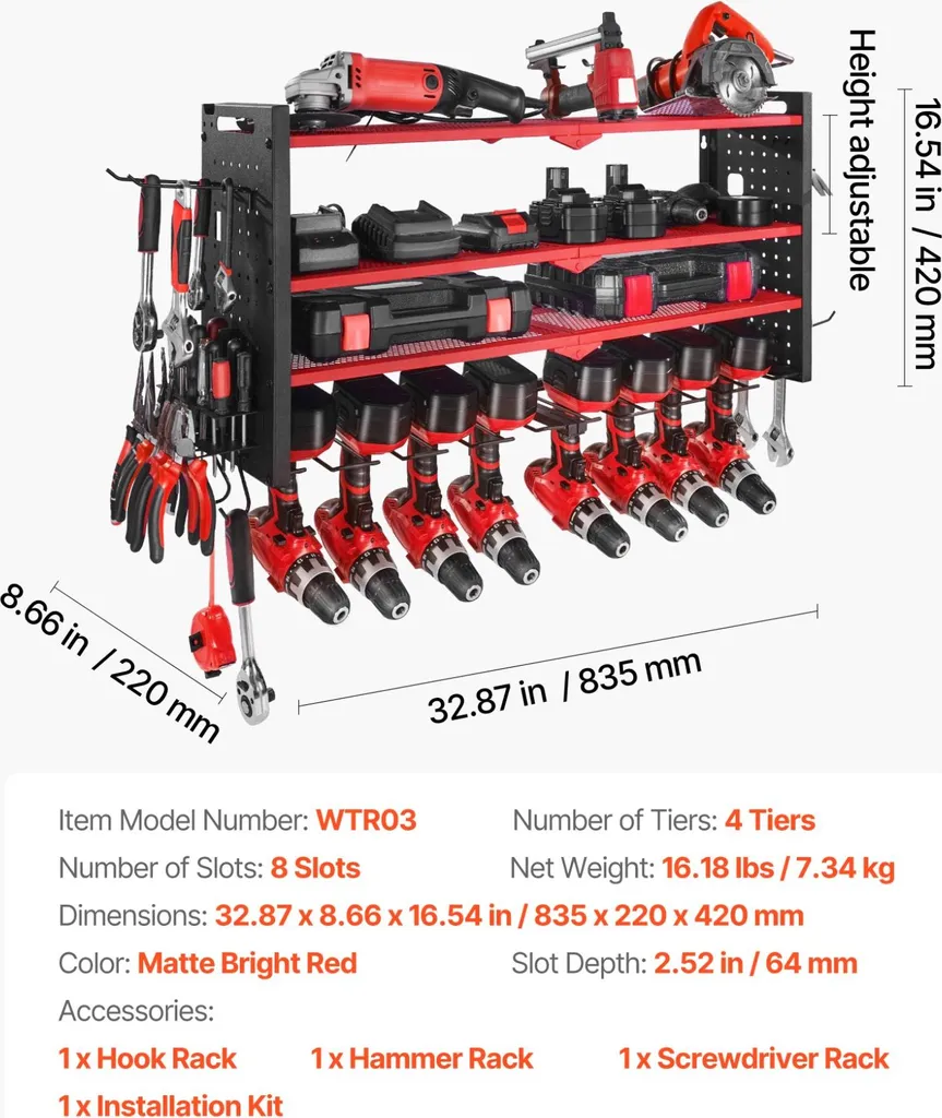 Support d'outils mural avec 8 emplacements de rangement pour visseuse