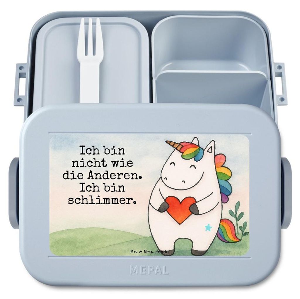 Mr. & Mrs. Panda Bento Box Einhorn Herz Design - Blau Pastell - Geschenk, Bentobox, Bunt, Essensbox, Anders, Essensbehälter, Einhörner, Snackbox,...