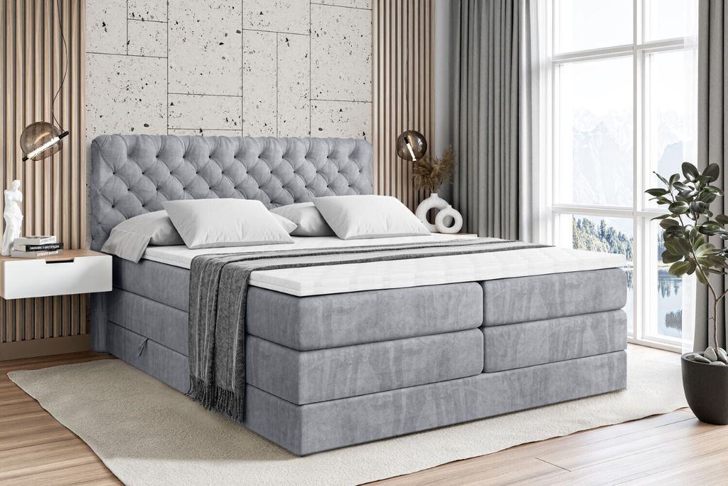 ALTDECOR Boxspringbett mit 2 Matratzen und Topper - 120x200 cm - BOXI8 KING - Hellgrau Samt - Polsterbett mit, H3- und H4- Matratzen, Bettkasten un...