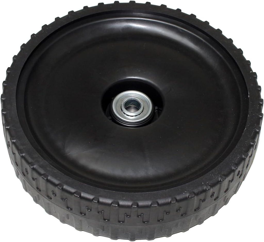 A black wheel with a silver bearing in the center, isolated on a white background.