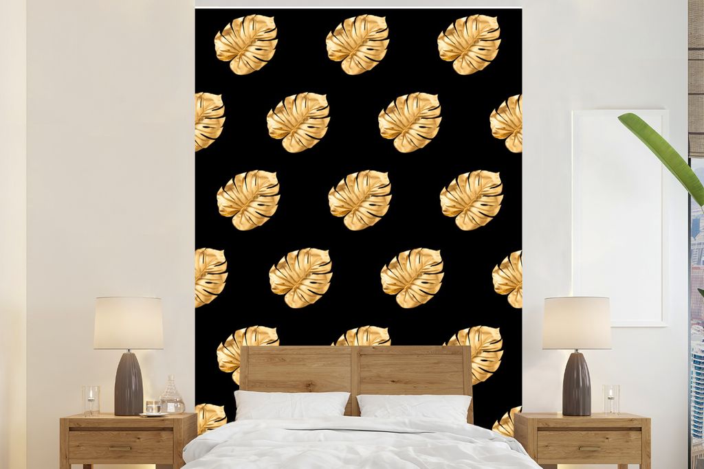 MuchoWow Fototapete für Wohnzimmer oder Schlafzimmer Wandtapete Vinyl Motivtapete Gold - Monstera - Muster - 160x240 cm - Vinyltapete