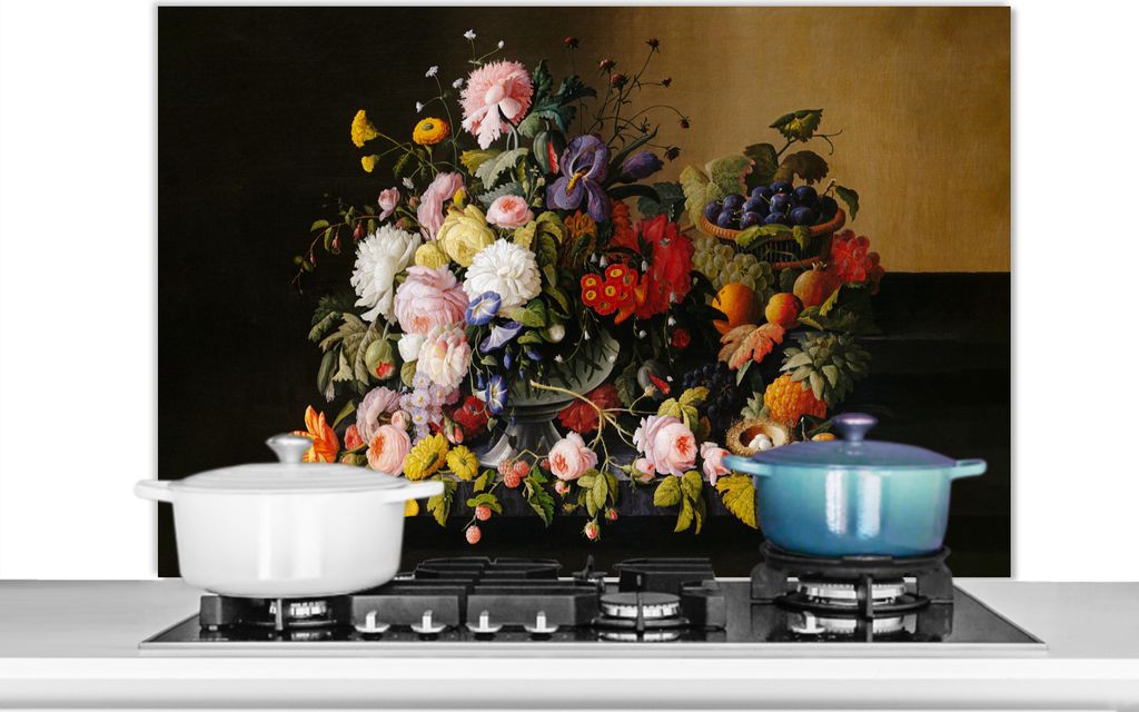 KitchenYeah Spritzschutz Küche - Küchenrückwand - Wandschutz für Herd und Spüle - Stilleben mit Blumen und Früchten - Kunstwerk - Alte Mei...