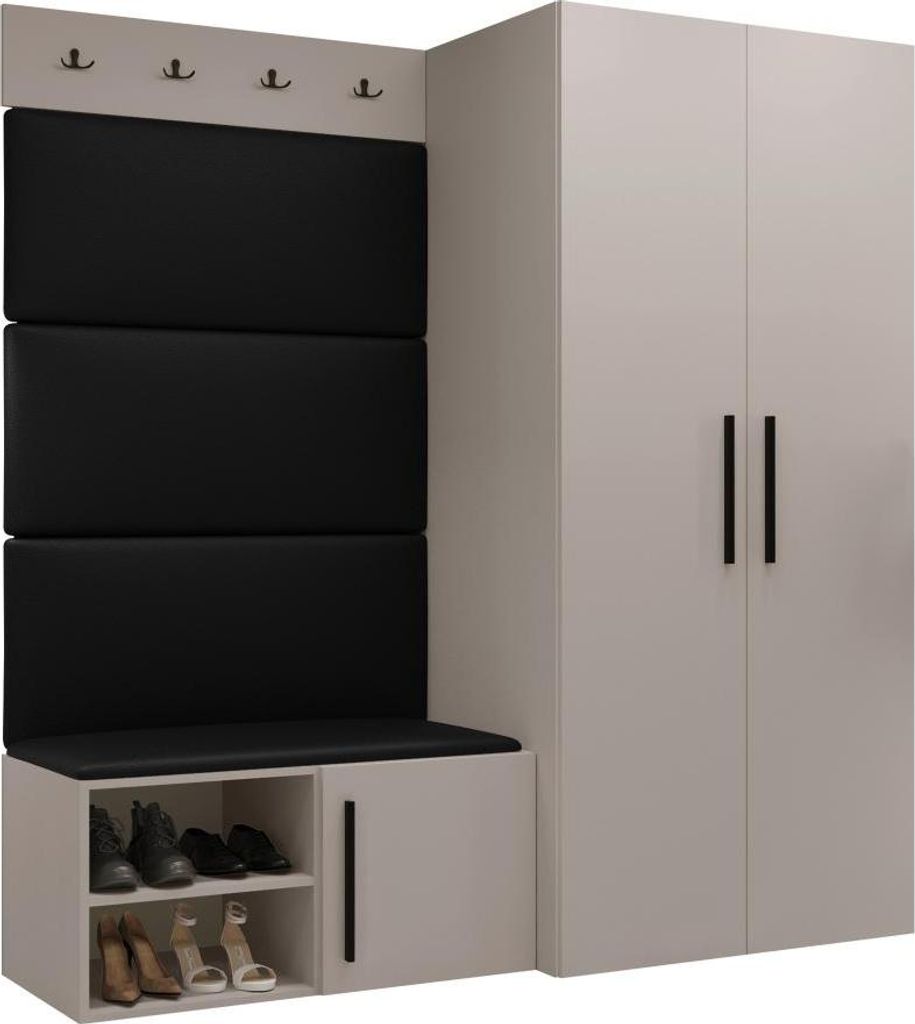 MIRJAN24 Garderoben-Set Medi I, Schuhschrank, Kleiderhakenbrett, 4x Paneel 84x42, 4 Kleiderhaken (Farbe: Cashmere, Soft 011)