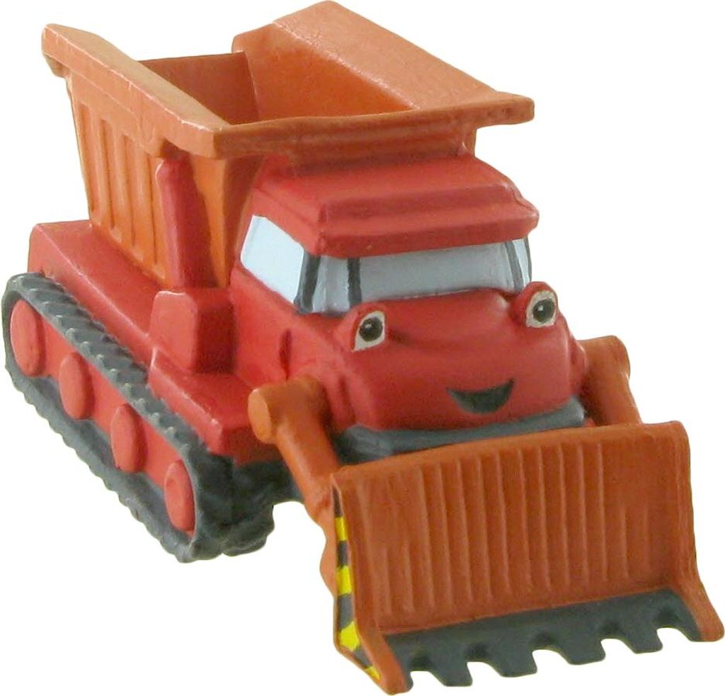 A toy construction vehicle, specifically a bulldozer with a dump truck bed, shown from a three-quarter front angle against a white background.