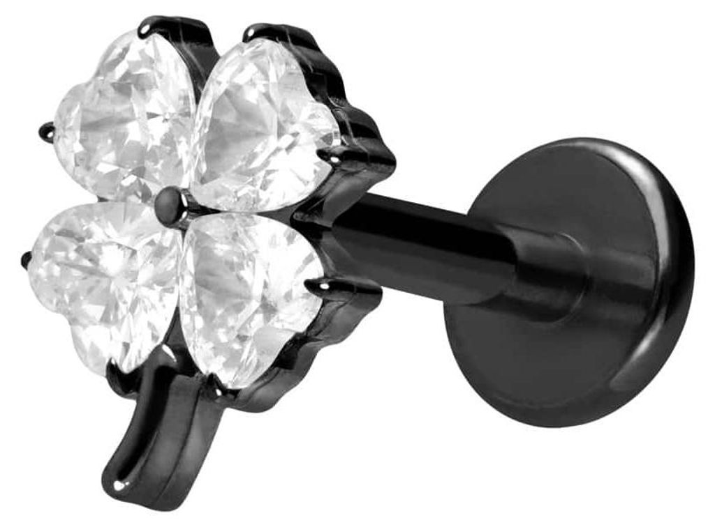 Ohrpiercing, Nasenpiercing Titan Labret mit Innengewinde KRISTALLKLEEBLATT Schwarz Stablänge: 7mm | Stabstärke: 1,6mm