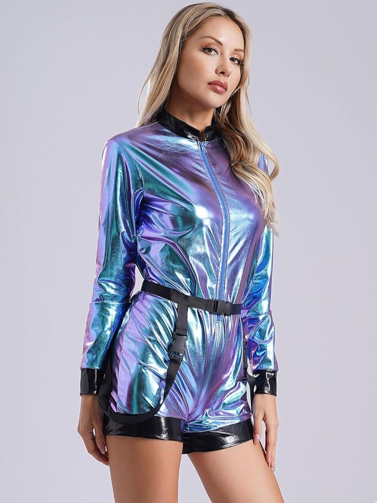 Damen Metallic Astronauten Jumpsuit – Kostüm in Größe XL für Halloween und Mottopartys – Raumfahrer Langarm-Bodysuit in Metallic-Optik
