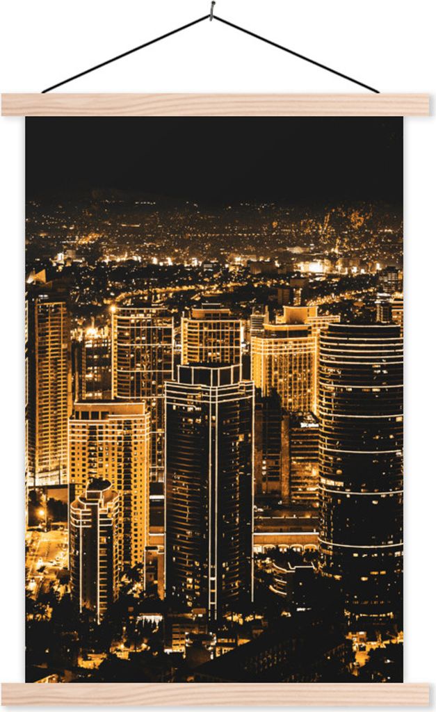 MuchoWow Textilposter Gold - Straßen - Skyline 120x180 cm mit holzfarbenen Rahmen - Textil-Plakat