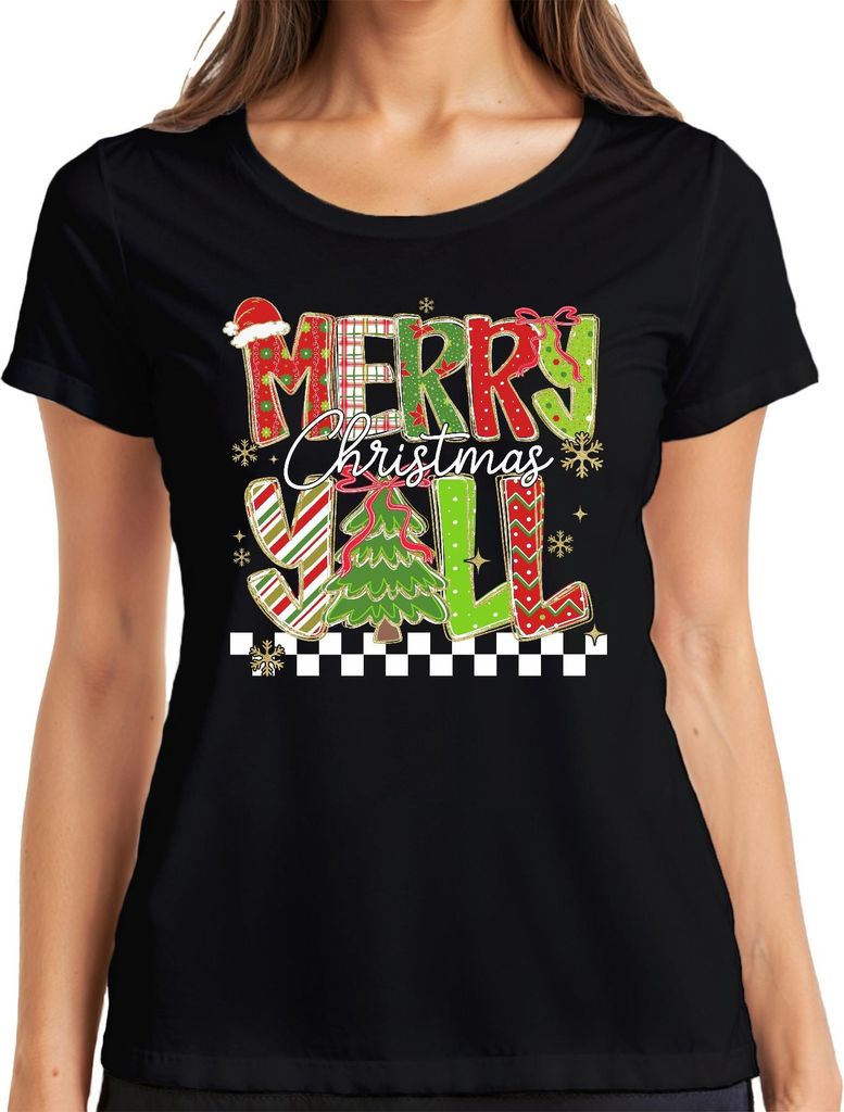 Merry Christmas Y'all Weihnachten Tannenbaum gestreift Glitzer Damen T-Shirt, Schwarz, S