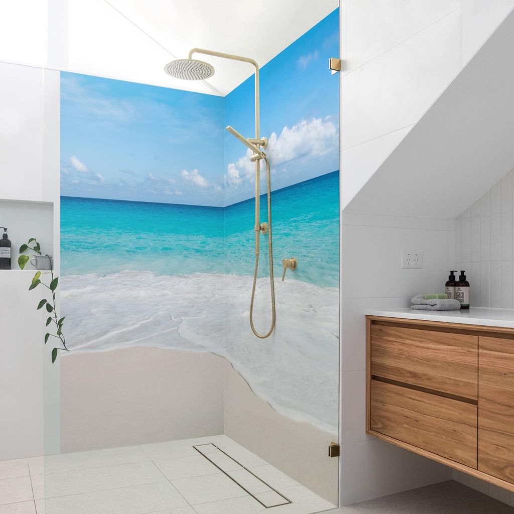Duschrückwand Strand selbstklebend - 0.35 mm Wandpaneel wasserfest Karibik türkis Tropisch Badrückwand fugenlos Smart matt 90x190 cm