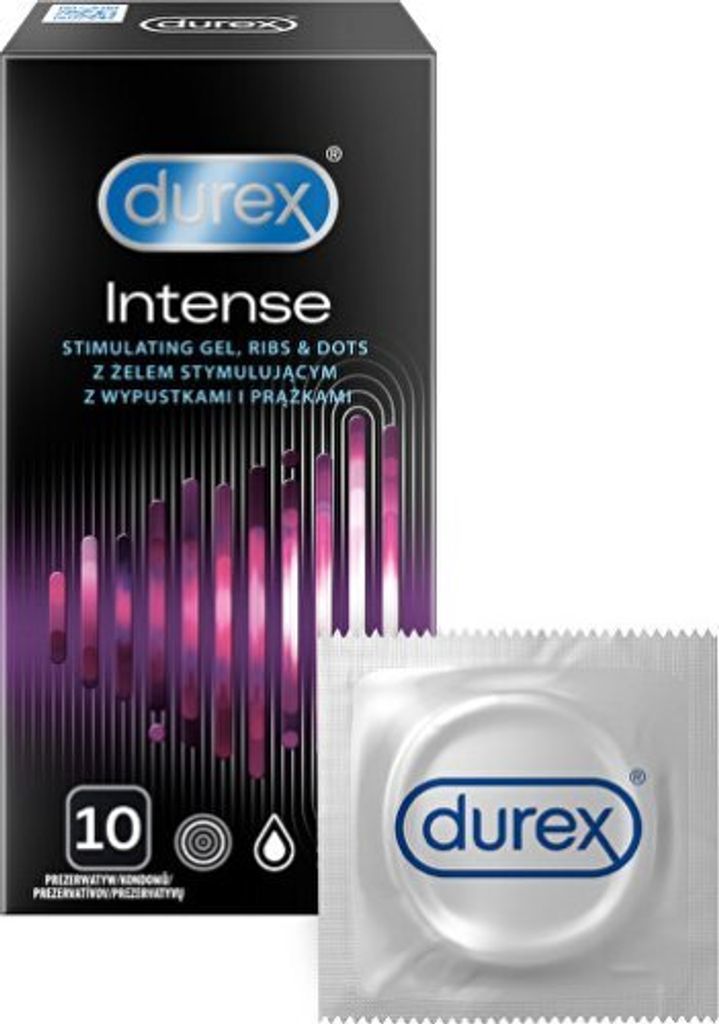 A box of Durex Intense condoms and one condom in its packaging.