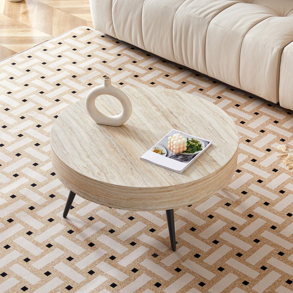 okwish Runder Kaffeetisch,Sofatisch mit schwarzen Metallbeinen,Couchtisch,in heller Travertin-Holzoptik,geeignet für kleine Wohnungen,Holz