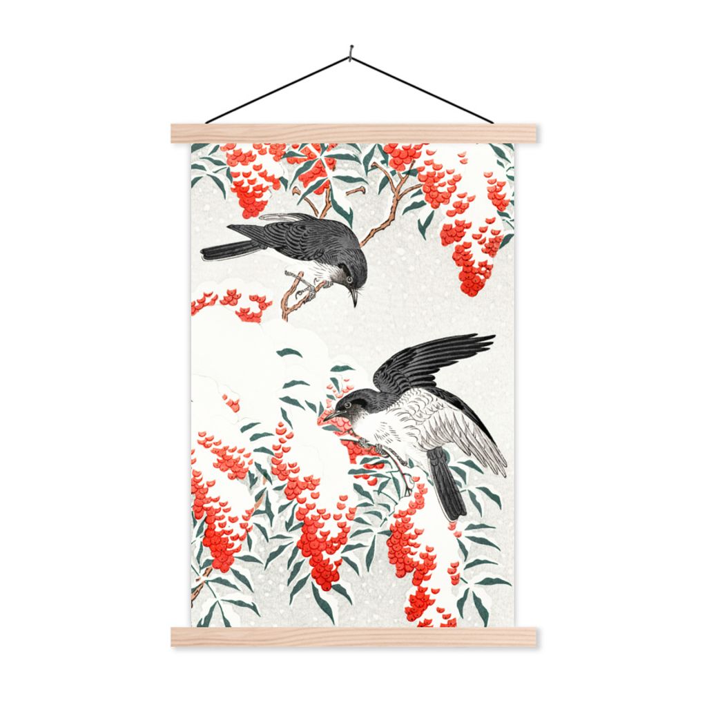 MuchoWow Textilposter Vögel - Beere - Rot - Japandi 120x180 cm mit holzfarbenen Rahmen - Textil-Plakat