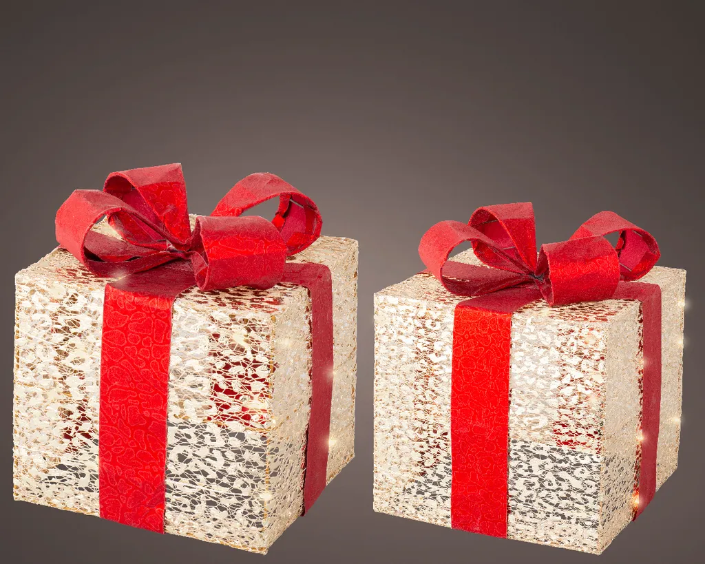 Lot de 2 coffrets cadeaux blancs éclairés avec grands nœuds rouges