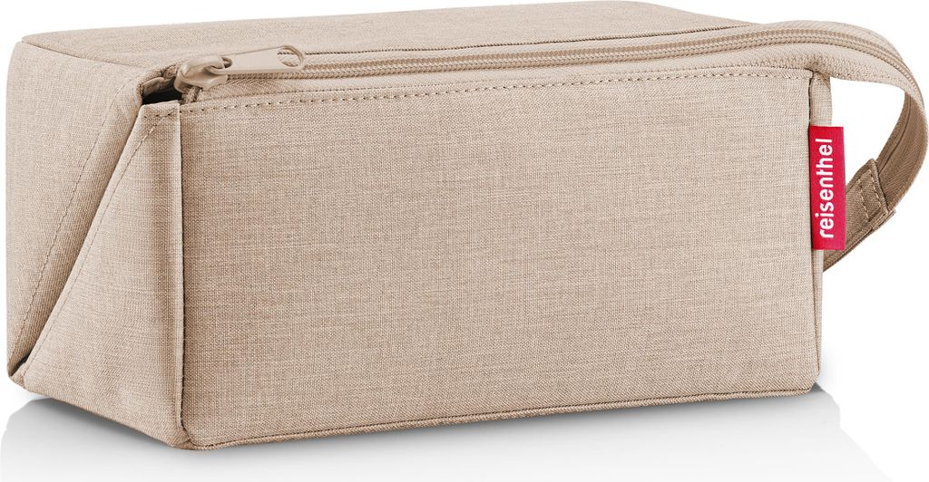 A beige toiletry bag with a zipper and a handle, placed on a white background.