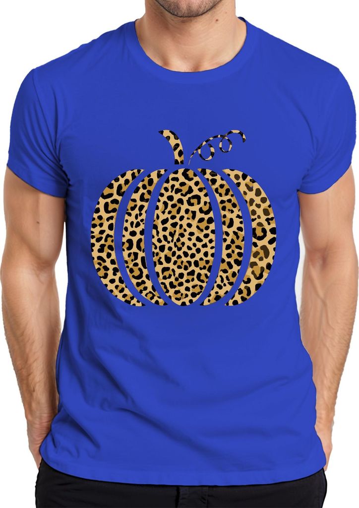 Leopardenmuster Kürbis Herbst Halloween Animalprint Boho Chic Herren T-Shirt, Blau, L