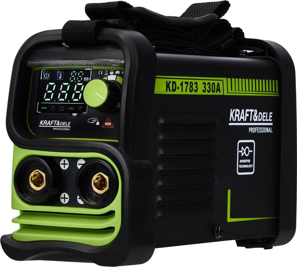 A black and green Kraft&Dele KD1783 330A inverter welding machine is shown against a white background.