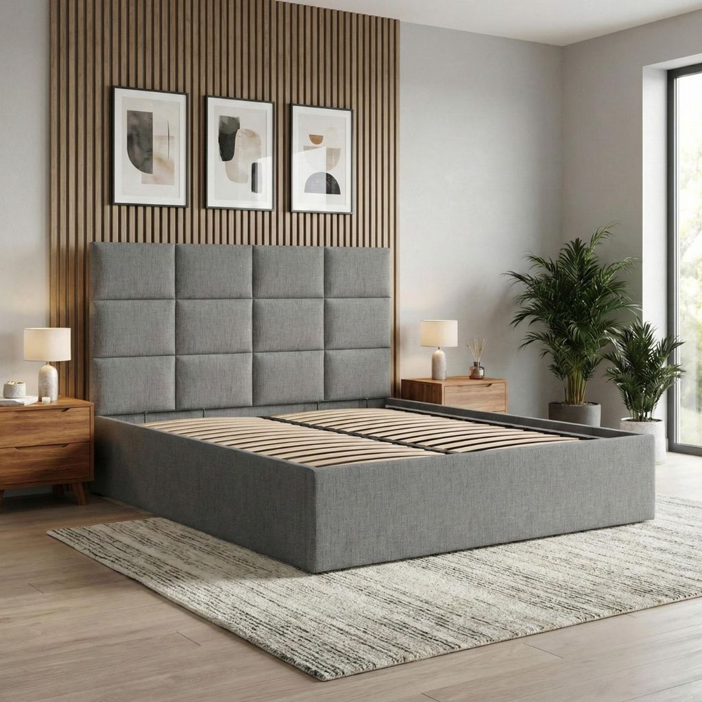 Polsterbett 180x200 cm mit Lattenrost, stabiles Doppelbett mit dekorativem Kopfteil, ohne Bettkasten, Geflecht, Grau, Dunkelgrau, YORK 180 x 200