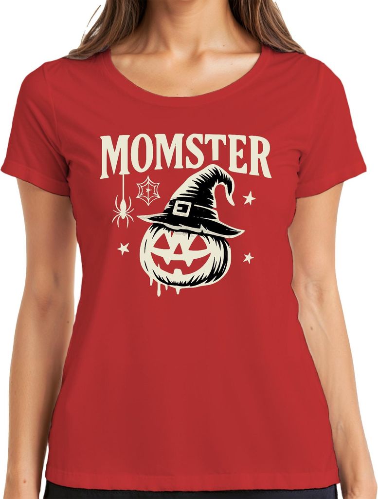 Momster Mama Halloween Kürbis Hexenhut Spinne Geschenk lustig Damen T-Shirt, Rot, L