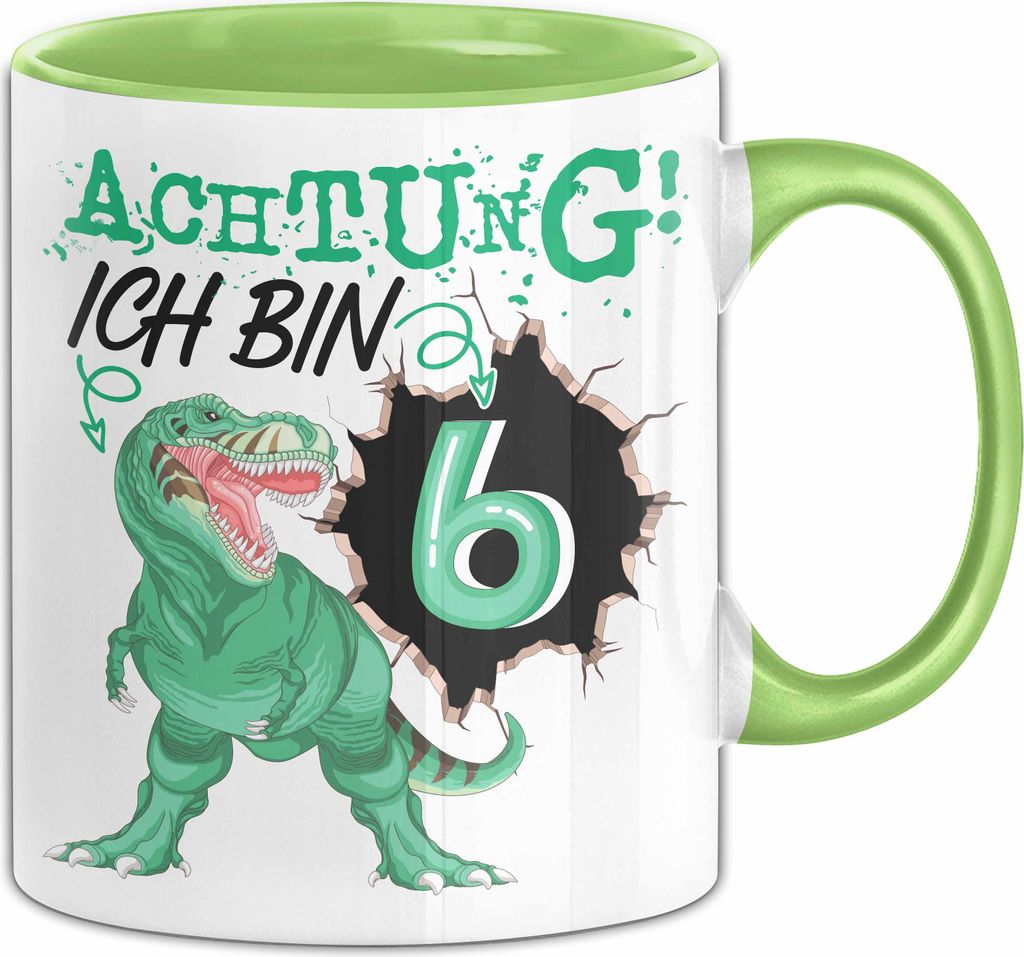 6. Geburtstag Geschenk Tasse Becher Jungs Sohn T-Rex Geburtstagsgeschenk Dinosaurier Achtung Ich bin 6 (Grün)